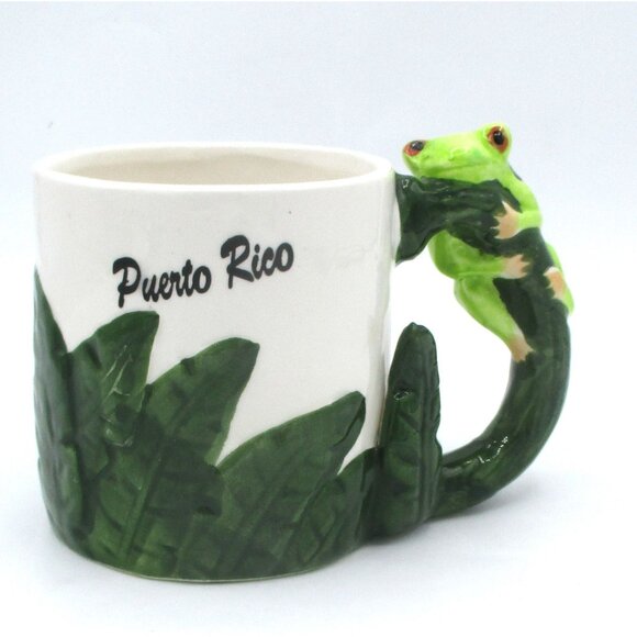 Puerto Rico Souvenir Mug With 3D Frog Handle & Tropical Leaf Design Ceramic 3.58 - Picture 1 of 6